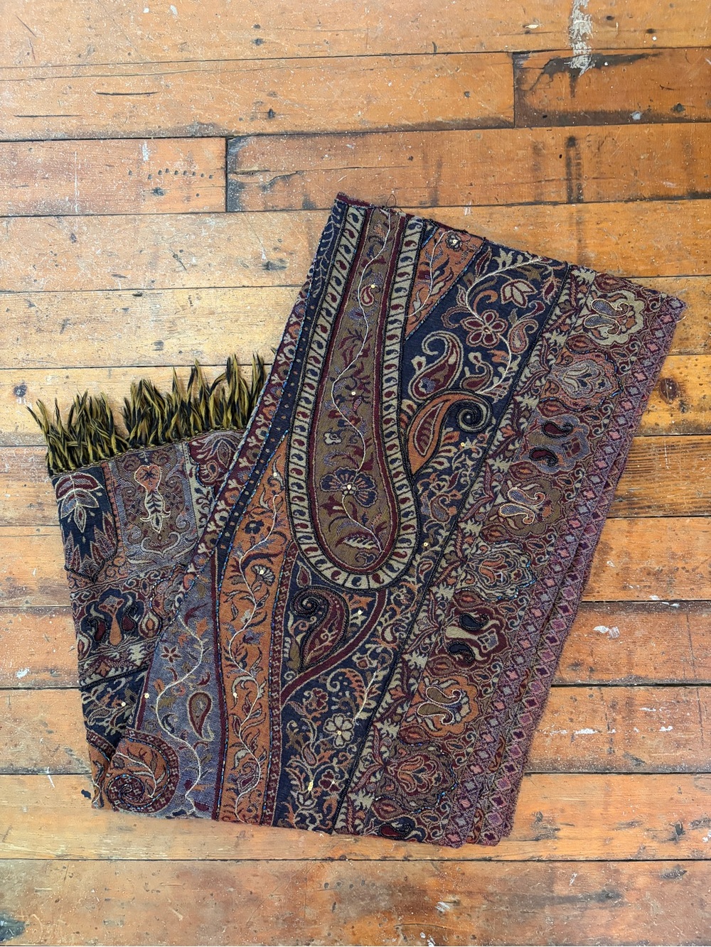 Vintage La Perla Art England 100% cashmere paisley pashmina beaded shawl scarf